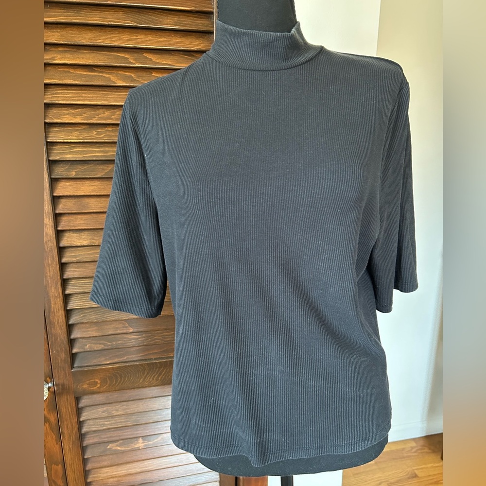 Black Ribbed Short Sleeve Mock Turtleneck Top